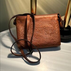 Boho‎ Tooled Leather Crossbody Floral Embossed Brown Bag